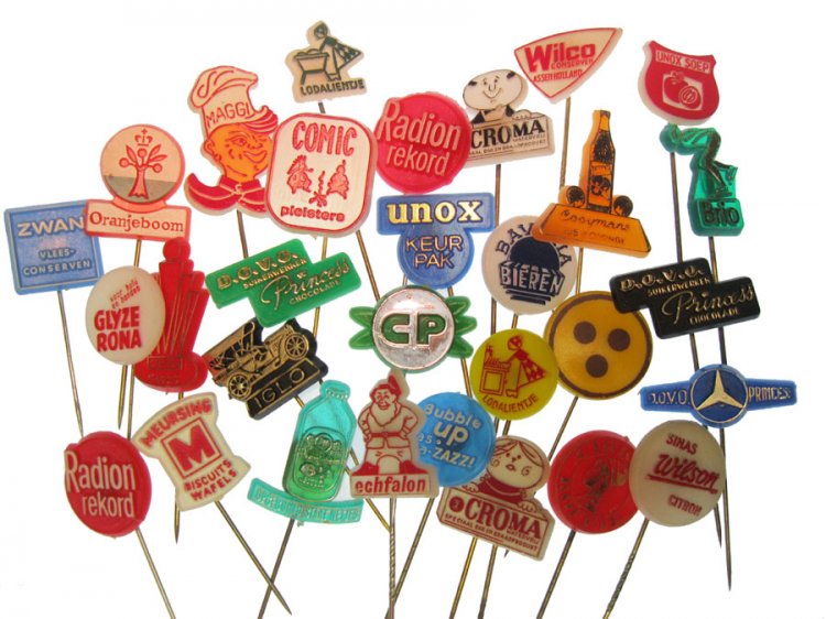 Vintage European Advertising Plastic Stick Pins (6) - Click Image to Close