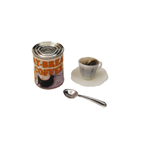Coffee Can, Cup, Saucer, Spoon Miniature Set - Click Image to Close