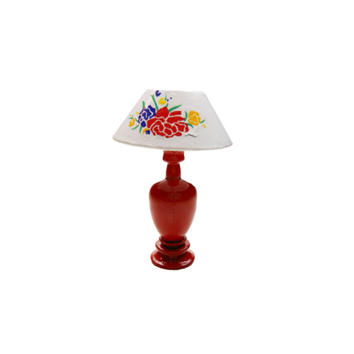 Red Lamp with White Floral Shade Miniature - Click Image to Close