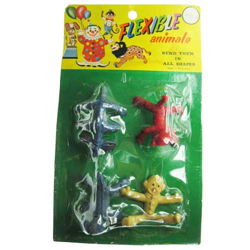 FLEXIBLE 4pc Posable ANIMALS Vintage Packaged Dime Store Toy - Click Image to Close
