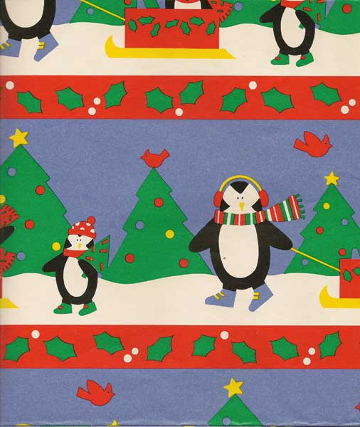 Vintage Gift Wrap Sheet : Penguins Pulling Sled - Click Image to Close